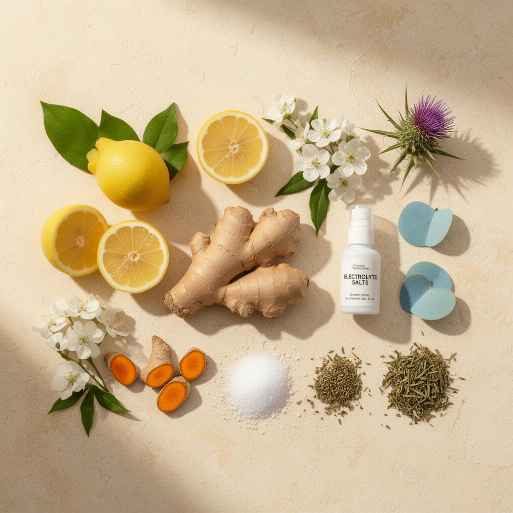 Naturlige ingredienser: sitron, ingefær og urter